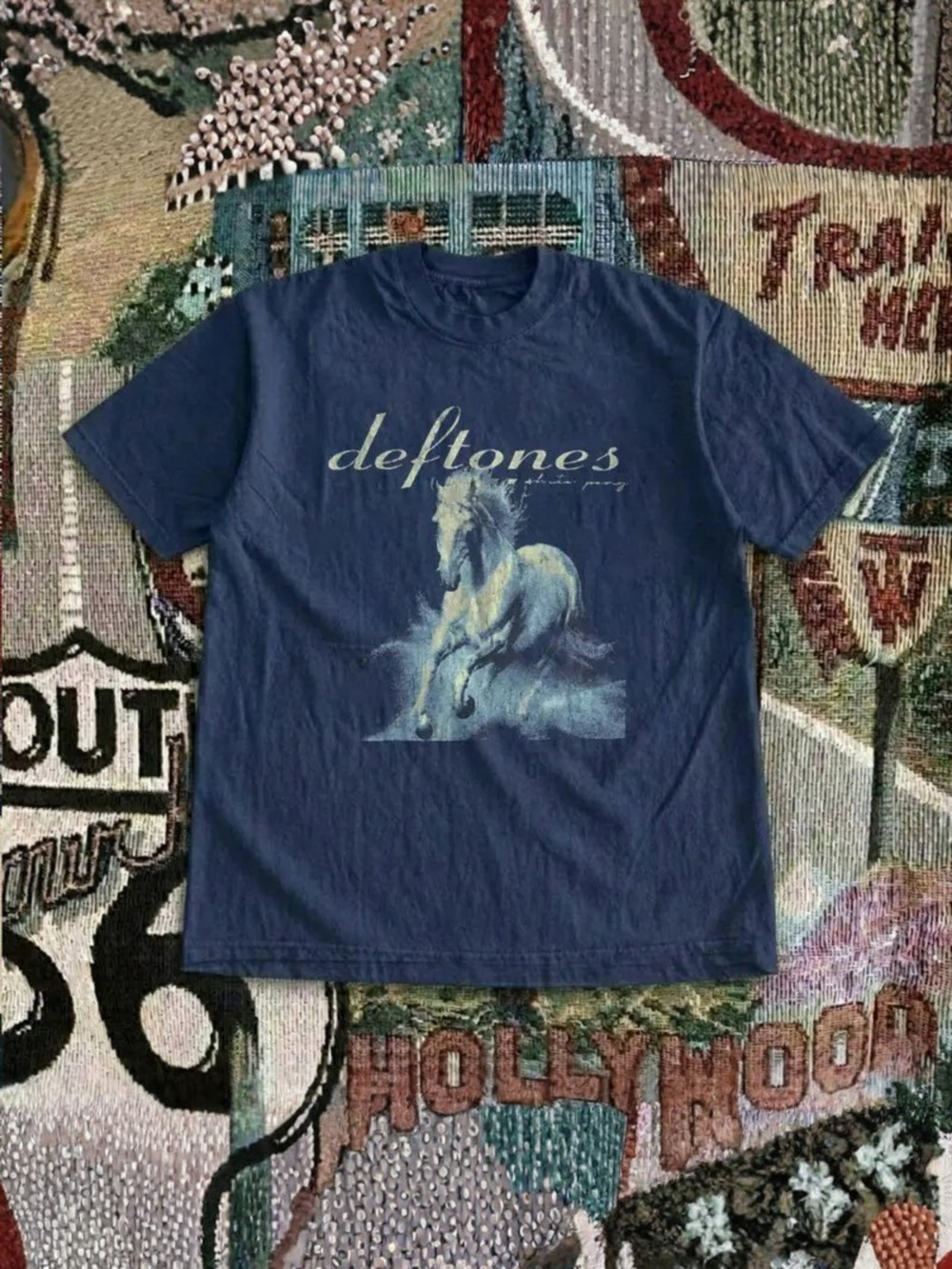 Retro Style Deftones White Pony Navy Blue T-shirt - Gildan Blue Graphic T-Shirt
